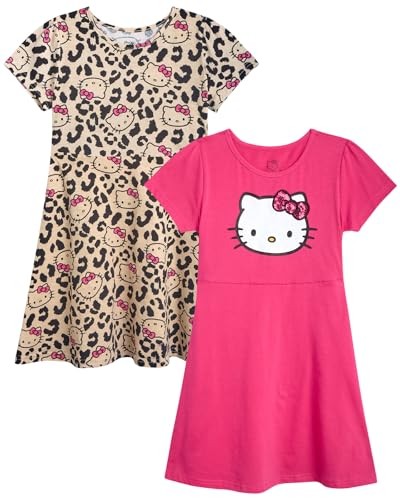 Hello Kitty Girls' Skater Dresses - 2 Pack Short Sleeve Cute Casual Flare Dresses for Little and Big Girls (Sizes: 2T-12)