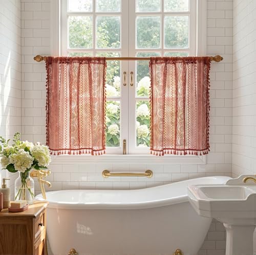 Image of MYSKY HOME Lace Tier Curtains 30 Inch Length 2 Panels Kitchen Cafe Sheer Short Boho Half Country Rod Pocket Curtains for Small Windows Basement Bathroom, 34 inch Wide Each Panel, Terracotta