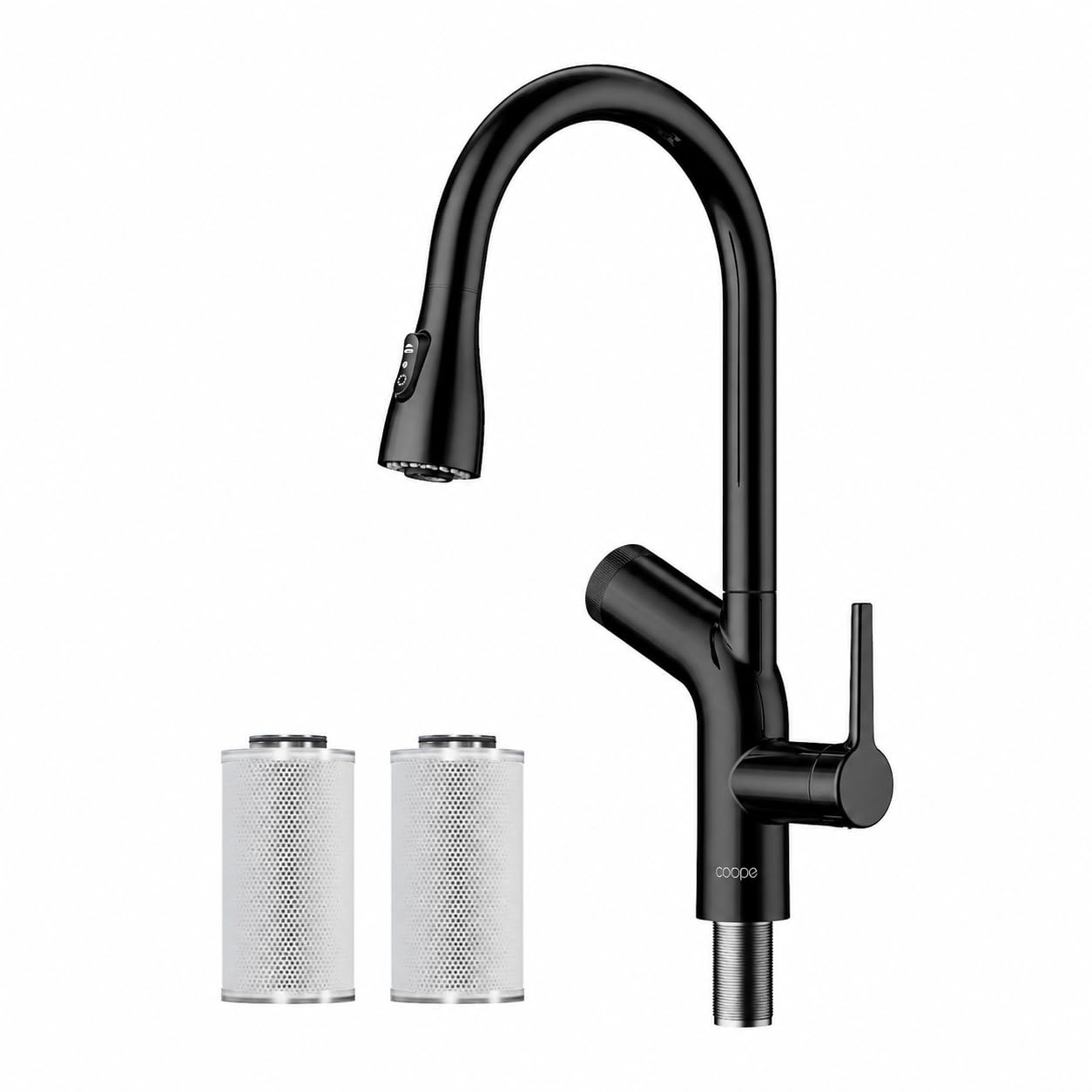 Cobbe Grifo de Cocina con Filtro de Agua, Pulverizador Extraíble, Monomando Giratorio de Caño Alto, Ayuda a Reducir Plomo, Cloro, Mal Sabor y Olores, 3 Filtros de Carbón, Negro