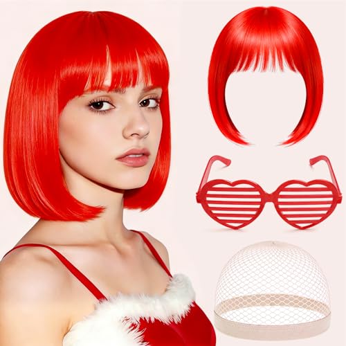 Perruque Femme Naturelle - Perruque Rouge, Perruques Disco Femme Courte Frange avec Bonnet de Perruque et Lunettes Colorées, Bob Wig pour Deguisement Carnaval Cosplay Motto Party