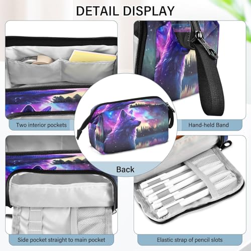 Image of Watercolor Galaxy Stars Wolf Pencil Case Pouch Big Capacity Pencil Bag Box Organizer Pen Case with Zipper Pencil Cases for Girls Boys Women Kids Adults School
