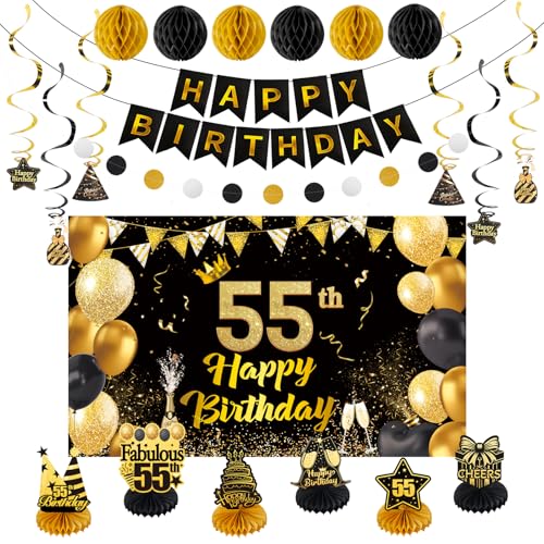 Happy 55th Birthday Party Decoration: Including Birthday Banner Backdrop Party Table Centerpieces and Hanging Swirl Party Streamers Birthday Decor for Men and Women (Gold/Black 55th Birthday)