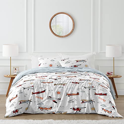 Image of Sweet Jojo Designs Vintage Airplane Boy Full Queen Bedding Set Kids Comforter Childrens Size - 3 Pieces - Grey Yellow Orange Red White Blue Airplanes Air Plane Transportation Clouds Sun Sky Aviator