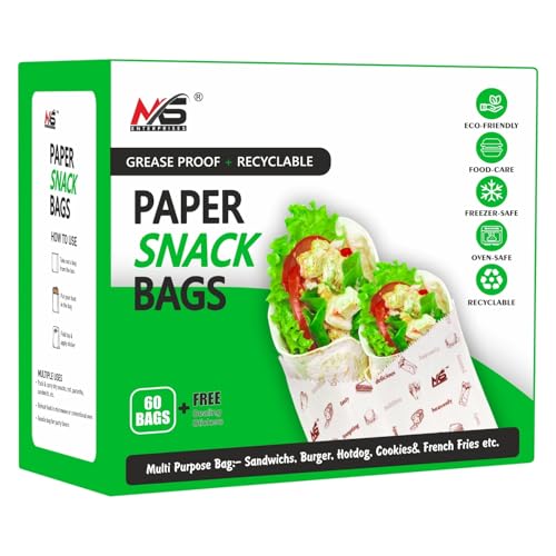 Image of Multi-Purpose Paper Snack Bags with Sealing Stickers | Pack of 60 Bags, 8x6 Inch Each