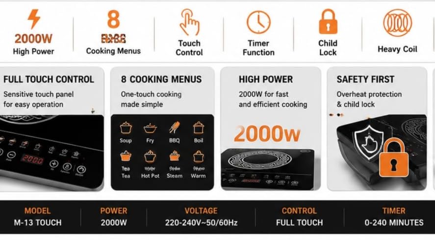 Image of Induction Cooker M-13 Touch, 2000W Portable Electric Cooktop, 8 Indian Cooking Modes, Crystal Glass Top, Touch Control, Timer and Auto Off Feature
