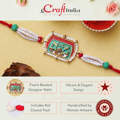Image of eCraftIndia Green, Red, White Pearls, Beaded Designer Rakhis, Best Bro Ever Fridge Magnet with Roli Chawal Pack - Rakhis for Brother, Bhabhi, Kids
