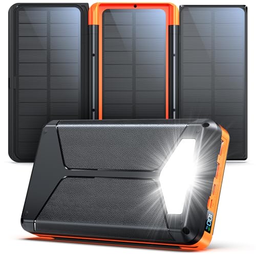 63200mAh Power Bank 3 Paneles Solares: Solar Batería Externa de Carga Rápida de 22,5 W con USB-C Carga Inalámbrica Linterna SOS, Pantalla Digital, Ideal para Camping y Actividades al Aire Libre