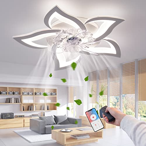 RRBEST LED Deckenventilator Mit Beleuchtung,Kreativität 5 Flammige,Leise Dimmbar Lüfterlicht Deckenleuchte Mit Fernbedienung Und APP Steuerung (Weiß 60cm) Cover