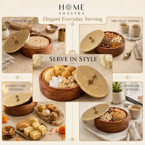Image of Wooden Casserole with Fleur Handle | Floral Engraved Hot Case Chapati Box for Fresh & Warm Roti | Multipurpose Roti Box, Snack & Dry Fruit Storage | Luxury Kitchen Decor