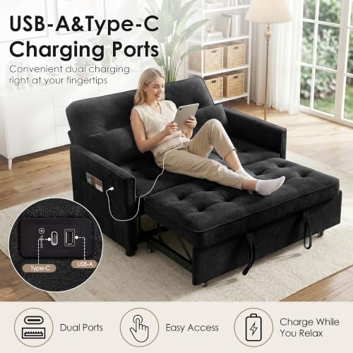 Image of Dreamzie 55'' 3 in 1 Convertible Sofa Bed with USB Charging Ports, Pull Out Couch with Adjustable Backrest and Side Pockets, Sleeper Sofa for Living Room, Apartment, RV, Easy Assembly - Ash Black