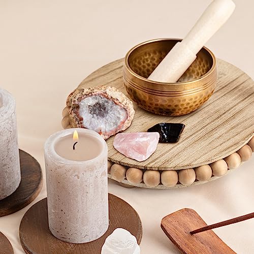 2 Pcs Beaded Wood Pedestal Stand Wooden Risers For Display Farmhouse Round Display Stands Decorative Accent For Coffee Bar, Bathroom, Kitchen Island, Plant Pot (Brown, 8 Inch) #TOP4