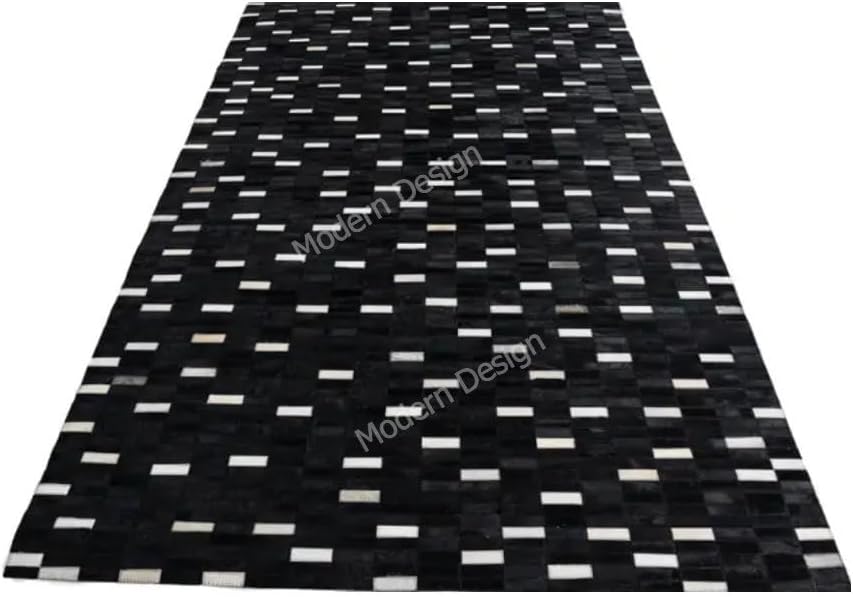 Modern Design Premium Cowhide Leather Area Rugs with Checkered and Geometric Patterns, Natural Multi Color (Grey/Black/White, 9x12)