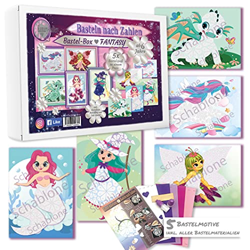 Kamary-Gallery 5 x Bastelset Bastelbox Fantasy für Kinder ab 6 Jahre, Basteln nach Zahlen 3D-Bilder basteln aus Papier, Kindergeburtstag oder für als Mitbringsel Cover