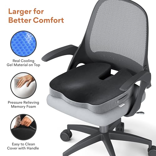 Image of FOVERA Cool Gel & Memory Foam Coccyx Cushion | Orthopedic Seat Cushion for Chair, Car Seat Cushions, Memory Foam Sitting Pillow for Tailbone, Sciatica & Back Pain Relief (Universal, Black & Grey)
