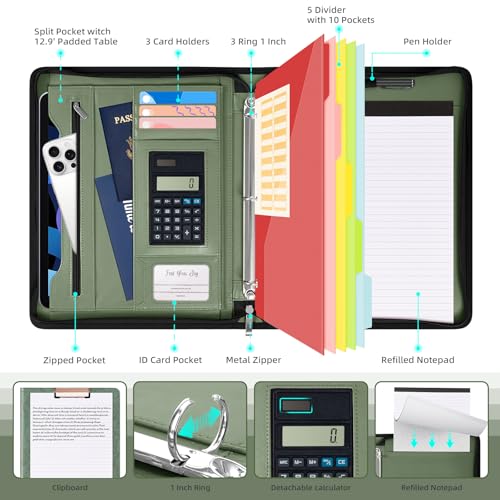 Image of Ospelelf Green Leather Portfolio Binder 3 Ring, Zippered Clipboard Folder with Storage - 5 Dividers with Pocket, Padfolio for Women,12.1 inch Tablet Sleeve, Refillable Notepad, Card Slot