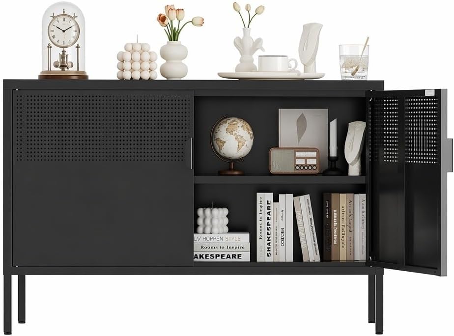 Metal Storage Cabinet,2 Door TV Stand, Metal Mesh Accent Cabinet