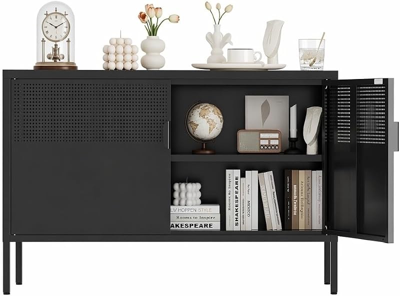 Metal Storage Cabinet,2 Door TV Stand, Metal Mesh Accent Cabinet