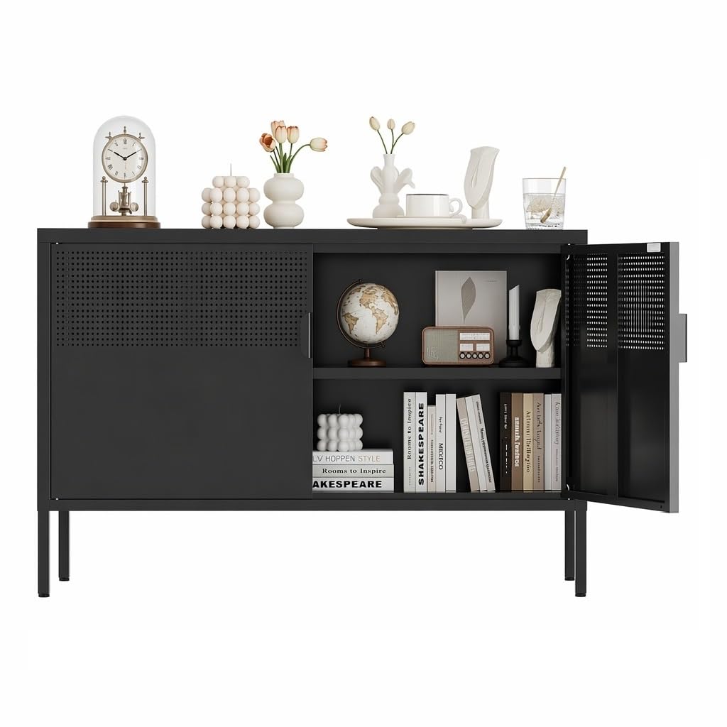Metal Storage Cabinet,2 Door TV Stand, Metal Mesh Accent Cabinet