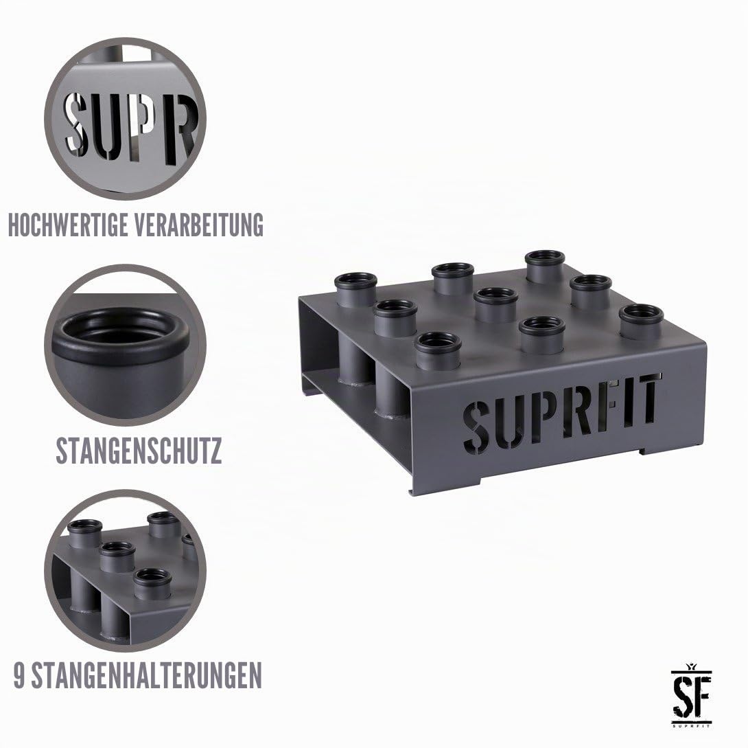 Suprfit Birger Hantelständer - vertikale Langhantelstangen Halterung für 9 Stangen, geeignet für Hantelstangen mit 50 mm Durchmesser, gummierte Bodenfläche, stabil und kippsicher, Stahl