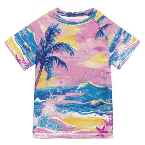 Boys Short Sleeve T-Shirts Tropical Beach Palm Sea Rashguard Kids Swim Shirts Sun UPF 50+