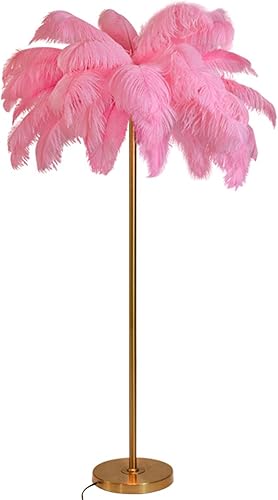 Lámpara de pie moderna, pantalla de avestruz natural, lámpara de pie con luz blanca, cuerpo de lámpara dorado con cable enchufable, lámpara de pie