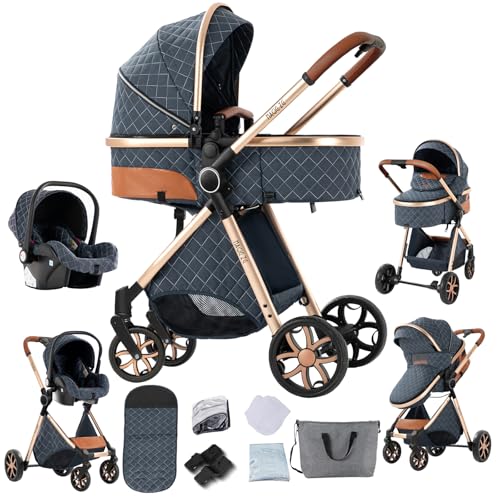 Veitoalioy Kinderwagen 3 in 1, Bequemer Multifunktionaler Kombikinderwagen 3 in 1 Komplettset, Aluminium Hohe Landschaft Babywagen, Faltbarer Kinderwagen Set (V9 Blue)