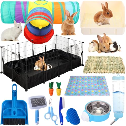 PullCrease 104 Pcs Rabbit Starter Kit Litter Box Bunny Tunnel Pet Playpen with Waterproof Mat Water Bottle Animal Grooming Kit Bowl Blankets with Cleaning Set for Guinea Pig Rabbit Accessories