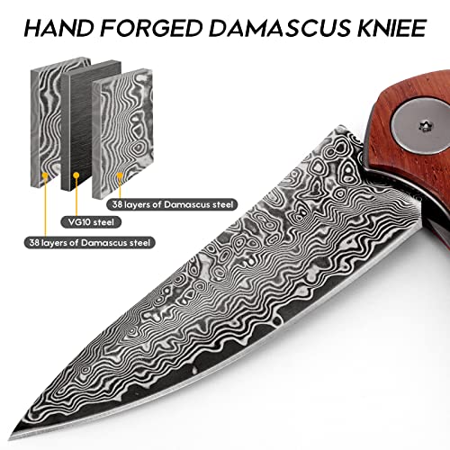 Damascus-Folding-Knife-with-Clip-Leather-Sheath-Camping-Knife-EDC-Sharp-Damascus-Pocket-Knife-Handmade-with-Liner-Lock-and-Wood-Handle-for-Outdoor-Survival-Hunting-Collection