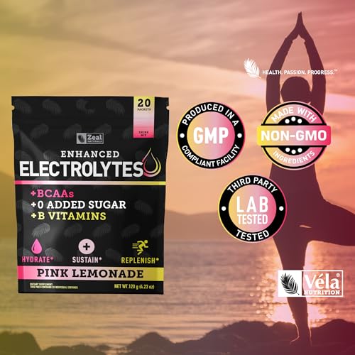 Image of Zeal Naturals Enhanced Electrolyte Powder Stick Packs (Pink Lemonade - 20 Packets) Sugar Free + BCAA B-Vitamins & Pink Himalayan Salt - Keto Electrolytes, Hydration Powder
