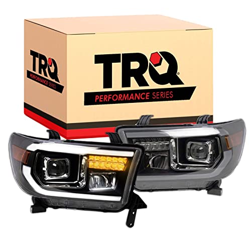Image of TRQ 2 Piece Headlight Assembly Set Performance Projection Style LED Turn Signals LED Daytime Running Light Black Bezel Driver & Passenger Side Compatible with Toyota Sequoia 2008-2017 Tundra 2007-2013