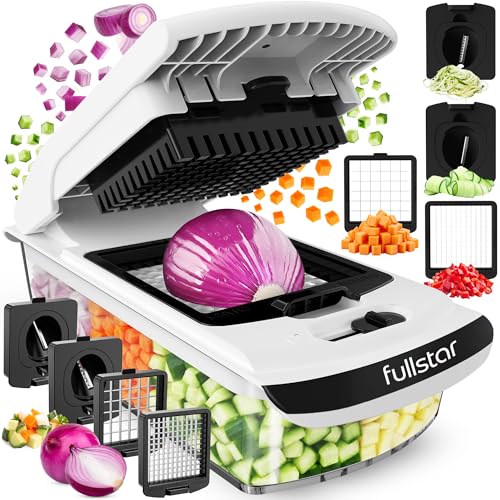 Fullstar Vegetable Chopper & Cutter - Slicer Dicer Spiralizer with Container for Food Veg Onion Cucumber Tomato Salad Potato French Fry - Kitchen Gadgets & Accessories (PRO 4-in-1, White)