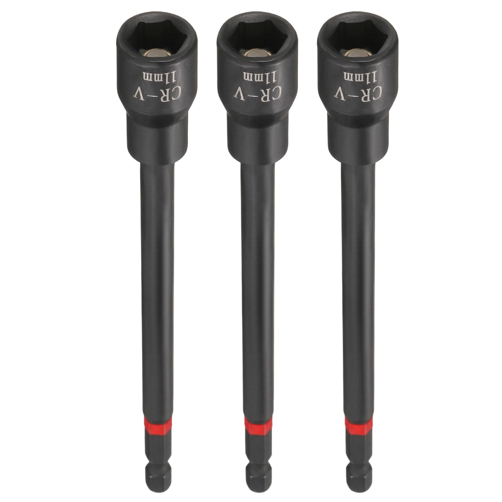 sourcing map 3pcs Nut Driver Drill Bit 11mm Metric Socket 1/4" Hex Shank 6" (150mm) Long Magnetic 6-Point Sockets Quick Change Phosphated CR-V Steel Bolt Setters for Power Drill Drivers, Black — image 1