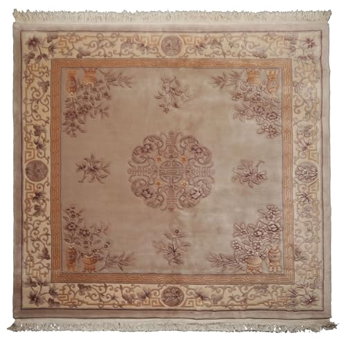 LoomBloom 8'6''x8'6 Square Hand Knotted Taupe French Aubusson Savonnerie Traditional