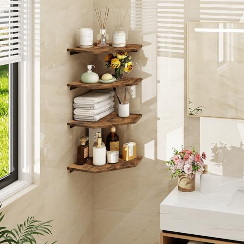 Homode Corner Shelf Wall Mount, Set of 4 Floating Corner Shelves with Cord Hole for Cable Box, Wood Corner Hanging Shelves for Bathroom Bedroom Kitchen, Rustic Brown by Homode - Used condition - Image 6