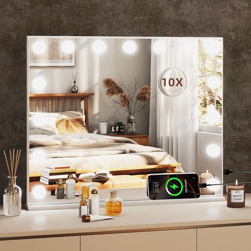 HAMBING Makeup Mirror with Lights - 58x46 Large Hollywood Vanity Mirror 15 LED Bulbs 3 Color Dimmable Lighting Includes 10X Magnifying Mirror USB & Type-C Charging Ports for Bedroom Dressing Table