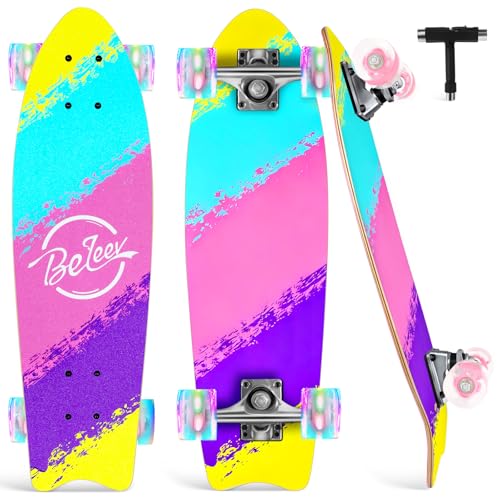 BELEEV Cruiser Skateboards para principiantes, monopatín completo de 27 x 8 pulgadas para niños, adolescentes y adultos, monopatín cóncavo de arce canadiense de 7 capas con herramienta en T (arcoíris)