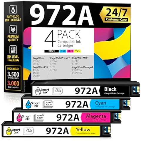 Smart Ink Compatible Ink Cartridge Replacement for HP 972A 972 (4 Pack Combo) to use with PageWide Pro 477dw 577dw 452dw 477dn 452dn 577z 552dw 377dw P55250dw Printers (Black & Cyan Magenta Yellow) Cover