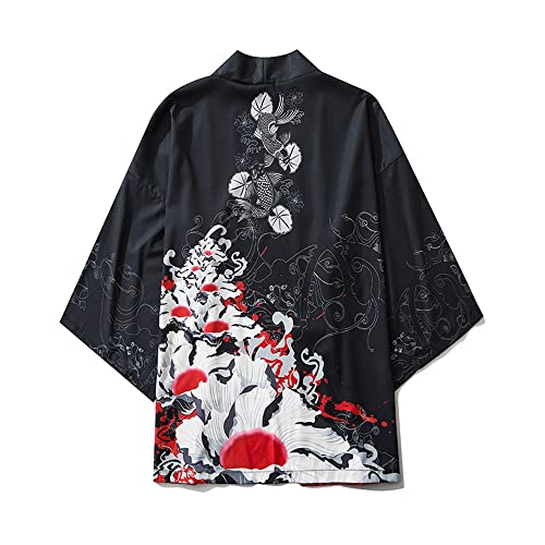 Women's 3/4 Sleeve Japanese Shawl Print Kimono Cardigan Tops Cover up Loose Anime Bathing Suit Cover