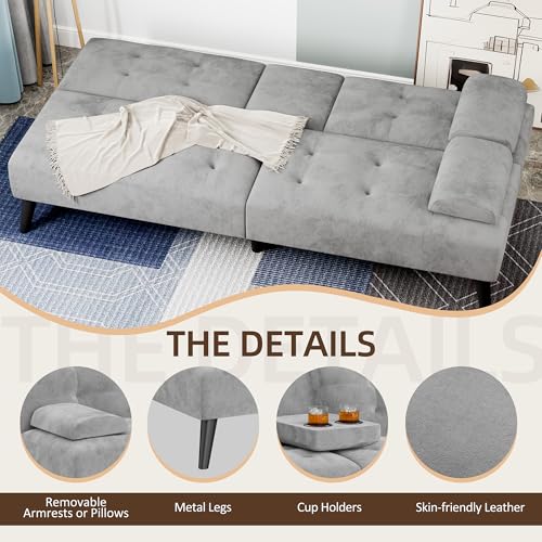 Image of Shintenchi Futon Sofa Bed, Velvet Foldable Couch, Reclining Sleeper with Removable Armrests, Upholstered Loveseat Sofa Couch with Folding Cup Holders for Home, Office, Light Gray