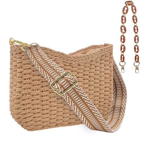 Small Straw Handbags for Women Crossbody Pocketbooks Woven Shoulder Purses Beach Tote Bag for Summer Vacation with Chain