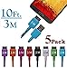 Josi Minea 5 Pcs Fabric Braided Premium Ruggedized Micro USB 3.0 Cables 10 Feet / 3 Meter Charger Sync Data Charging Cable Cord for Samsung Galaxy S5 & Galaxy Note 3 [5 Pack - 10Ft/3M]
