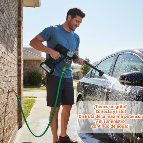 Miniatura 8 de Hidrolimpiadora A Batería, Pistola De Agua A Presión 21v Hidrolimpiadora Eléctrica Portátil Con 2 Baterías Y Tubo De 5 M, Lavadora Inalámbrica Para Coche, Jardín, Terraza, Césped Y Riego