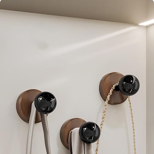 Vista 8 de Ganchos adhesivos de pared de madera, paquete de 4 ganchos decorativos de nogal oscuro natural para toallas, llaves, sombreros, abrigos, batas