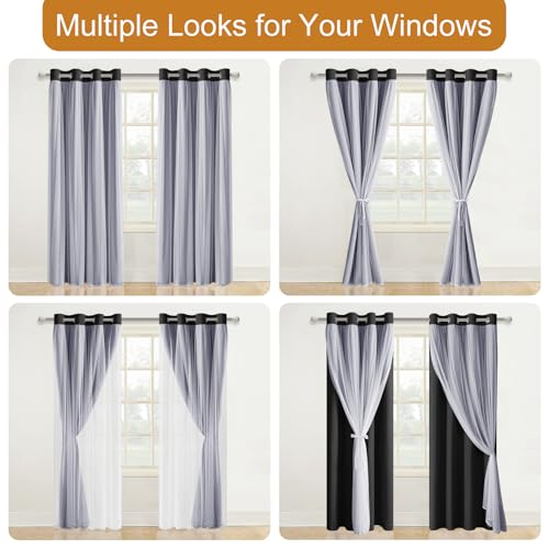 Image of DWCN Black Blackout Curtains with Sheer Overlay with Tiebacks 84 Inch Long