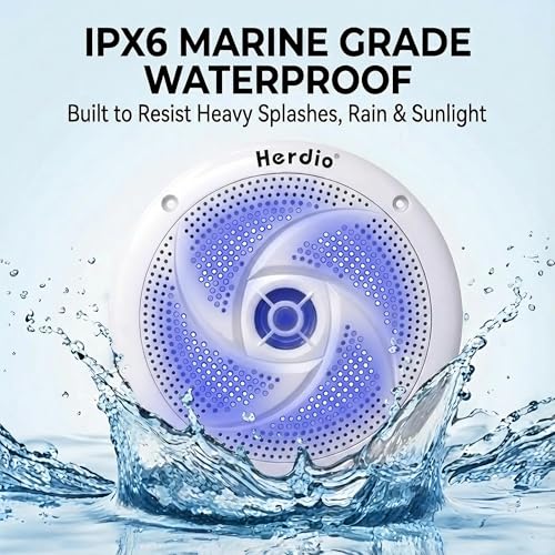Image of Herdio 4 inch Bluetooth Marine Speakers, Low Profile Slim Design with LED Lights, 80W 2-Way Weather Resistant Outdoor Audio, Suitable for Boat, RV, UTV, ATV, Golf Cart (2-Pack, White)