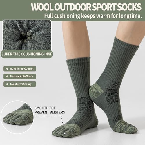 Merino Wool Toe Socks For Hiking Men&Women Thermal Winter Warm Boot Work Cushion Five Finger Socks 3 Pairs,Size10-134