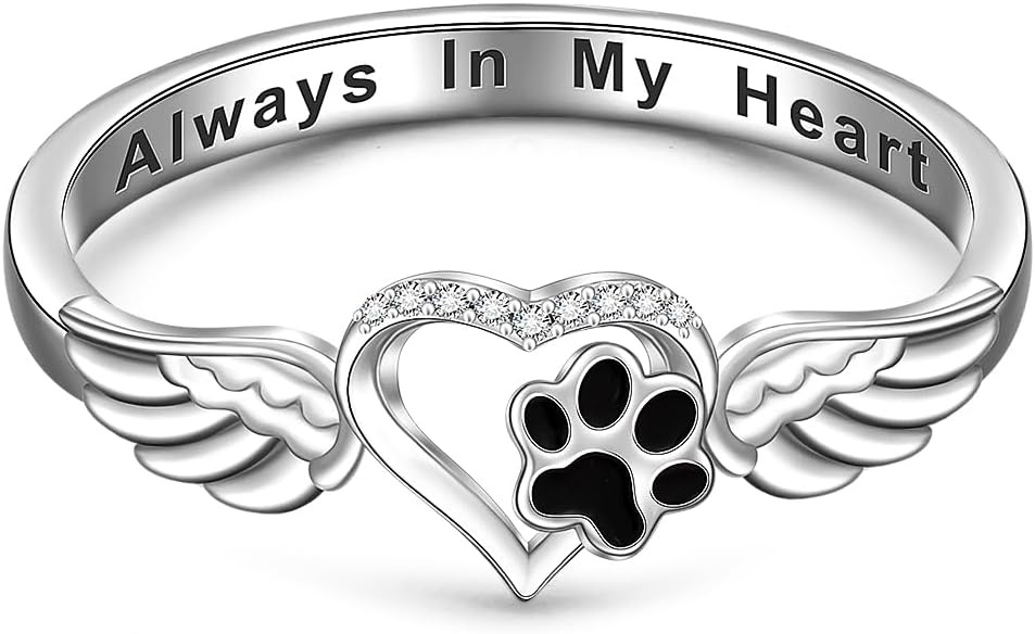Sterling Silver Paw Print Ring for Women - Dog Cat Puppy Claw Pet Memorial Jewelry Gifts - Animal Prints on My Heart
