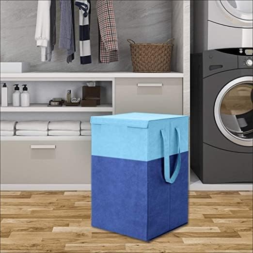 Image of 75L Non Woven Printed Rectangular Foldable Laundry Bag With Lid And Handle | Large Clothes Storage Organiser For Bedroom Dorm Utility Home Use | Laundry Basket Pack Of 4 | Sky & Navy Blue