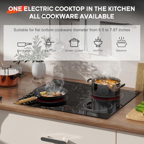 24 Inch Electric Cooktop Built in Electrics Stove Top, 4 Burner Electric Stove, Touch Control, 6000W, 9 Power Levels, Safety Lock, Timer, Pause Function, 240V Hard Wire(No Plug)