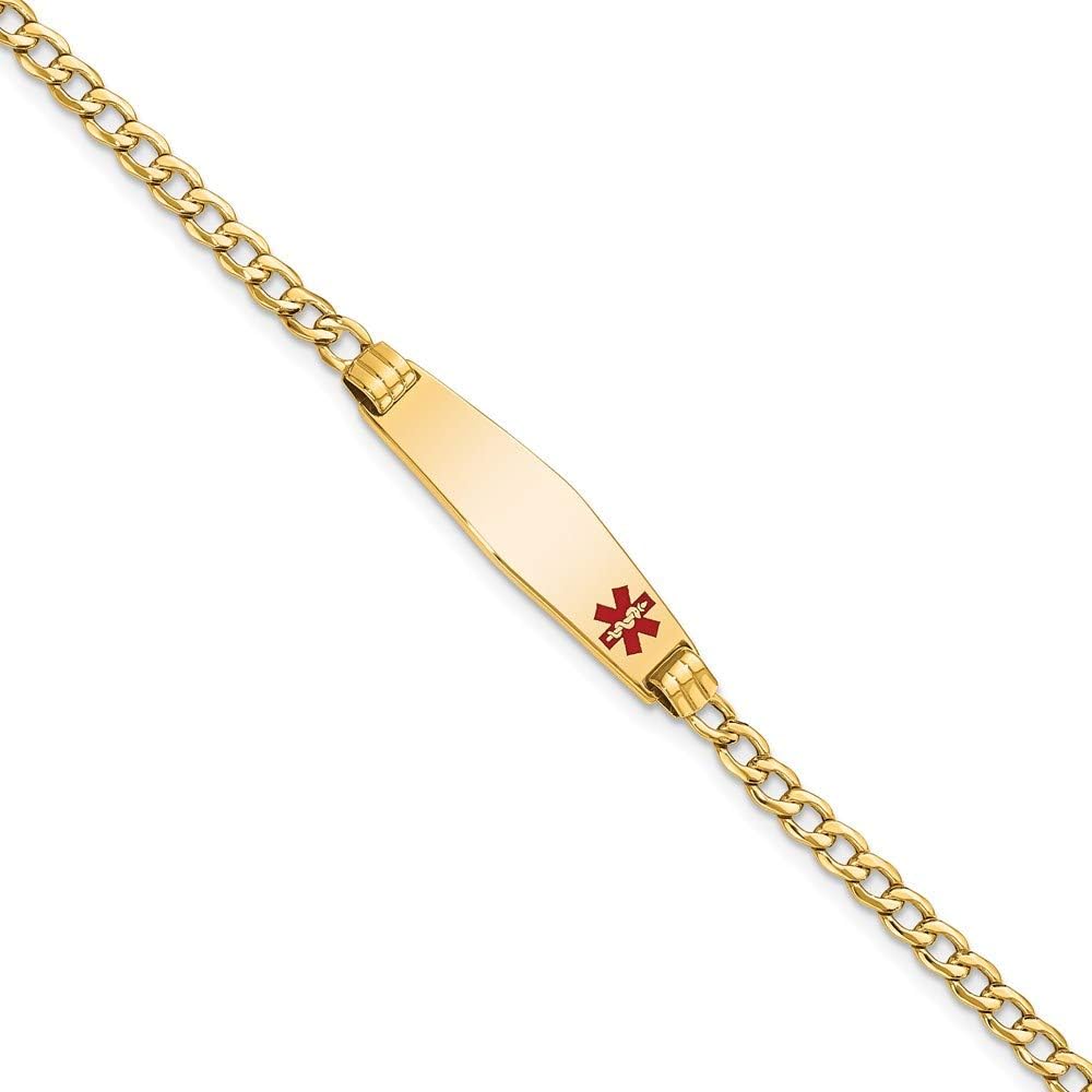Engravable Personalized Custom 14K Yellow Gold Medical Solid Soft Diamond Shape Red Enamel ID Cuban ID Bracelet For Men or Women Length 8 inches Width 7.5 mm With Lobster Claw Clasp
